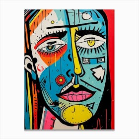Colourful Linocut Inspired Face Illustration 2 Canvas Print