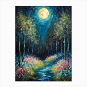 Full Moon Amongst Wildflowers Forest Path in the Mountains | Colorful Witchy Magical Print | Neutral Tones Country Art Pagan Scenery for Feature Wall Decor Meadow Painting in HD Canvas Print