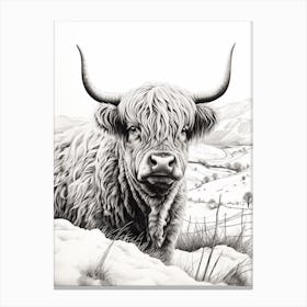 Snowing Highland Cow In Rolling Fields Canvas Print