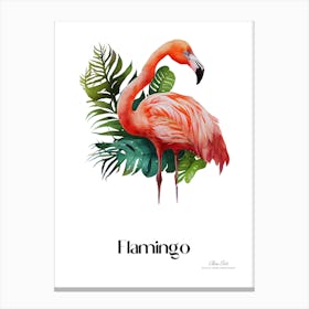 Flamingo. Long, thin legs. Pink or bright red color. Black feathers on the tips of its wings.14 Canvas Print