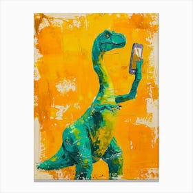 Dinosaur Taking A Selfie Orange Blue Brushstrokes Canvas Print