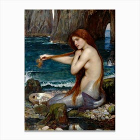 A Mermaid by John William Waterhouse - Remastered Oil Painting Waterhouse's Famous Siren Red Haired Beautiful Mermaid Lady Sat by the Sea Pagan Mythological Witchy Dreamy Canvas Print