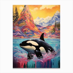 Vivid Surreal Rainbow Orca Whale With Mountain 1 Canvas Print