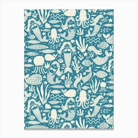 Underwater Mermaids and Sea Life Block Print White on Teal Blue Kids Canvas Print