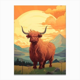 Brown Hairy Highland Cow In The Sunset 3 Canvas Print