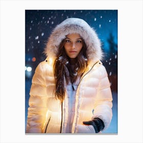 Woman in glowing mystic down jacket in falling snow Canvas Print