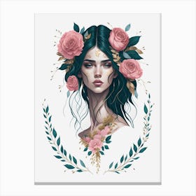 Beautiful Woman Portrait Floral Pink Painting (5) Canvas Print