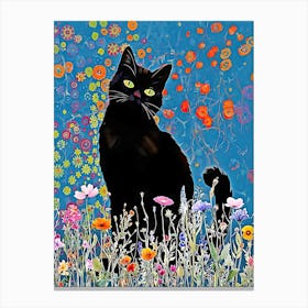 Black Cat In Flowers Canvas Print