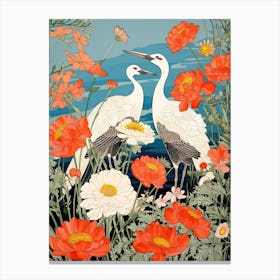 Cranes In Daisies Vintage Japanese Botanical Canvas Print