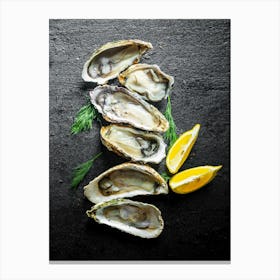 Seafood. Fresh oysters, lemon — Food kitchen poster/blackboard, photo art Canvas Print
