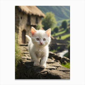 White Kitten On A Stone Wall 1 Canvas Print