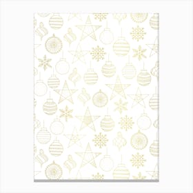 Line Art Stars and Christmas Ornaments Gold and White Canvas Print