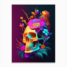Skull With Neon Accents 1 Vintage Floral Canvas Print