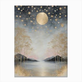 Wabi Sabi Dreams Collection 9 - Japanese Minimalism Abstract Moon Stars Mountains and Trees in Pale Neutral Pastels And Gold Leaf - Soul Scapes Nursery Baby Child or Meditation Room Tranquil Paintings For Serenity and Calm in Your Home Canvas Print