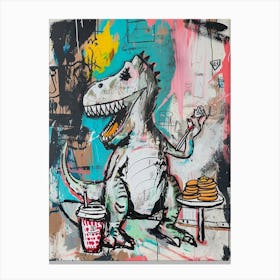 Abstract Dinosaur Eating Breakfast In A Cafe Pink Blue Purple 2 Canvas Print