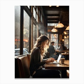 Modern Woman Engrossed In Her Tablet While Seated At A Rustic Wooden Table Inside A Bustling Urban C (5) Canvas Print