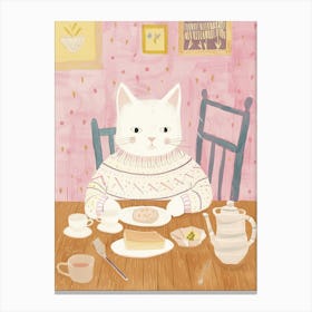 White Cat Having Breakfast Folk Illustration 1 Canvas Print