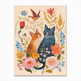 Folksy Floral Animal Drawing Cat Canvas Print