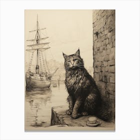 A Curious Cat At The Docks Sepia Etching Canvas Print