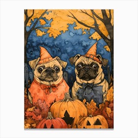 Halloween Pugs Watercolor 2 Canvas Print