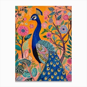 Folky Floral Peacock With The Plants 2 Canvas Print