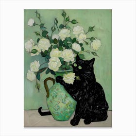 Black Cat Art Print Van Gogh Roses Still Life Funny Canvas Print