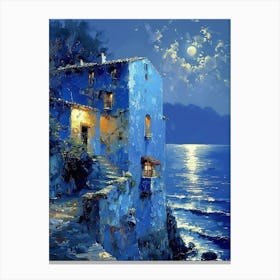 Blue Moon over Aegean Sea |Paradise Beautiful Landscape Scenery Painting | Contemporary Art Print for Feature Wall | Vibrant Beautiful Wall Decor in HD Canvas Print