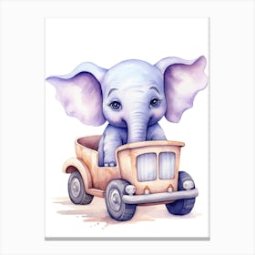 Baby Elephant On Toy Car, Watercolour Nursery 3 Canvas Print