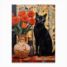 Black Cat With Roses Canvas Print