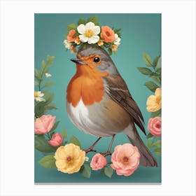 Robin With Flowers 1 Canvas Print