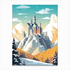 Vintage Winter Travel Illustration Schloss Neuschwanstein Germany 1 Canvas Print