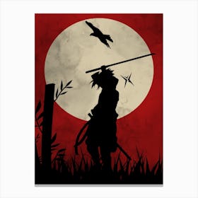 Funny Anime Japanese Silhouette Background Moon And Bird Canvas Print