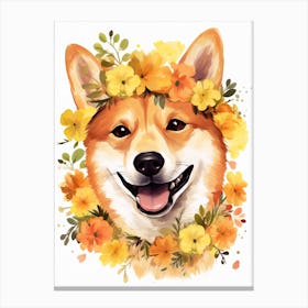 Shiba Inu Portrait With A Flower Crown, Matisse Painting Style 3 Canvas Print