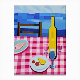 Painting Of A Table With Food And Wine, French Riviera View, Checkered Cloth, Matisse Style 7 Canvas Print