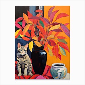 Freesia Flower Vase And A Cat, A Painting In The Style Of Matisse 0 Canvas Print