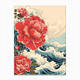 Great Wave With Peony Flower Drawing In The Style Of Ukiyo E 4 Canvas Print