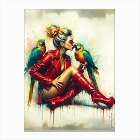 Woman With Macaw Parrot Canvas Print