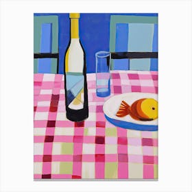Painting Of A Table With Food And Wine, French Riviera View, Checkered Cloth, Matisse Style 0 Canvas Print