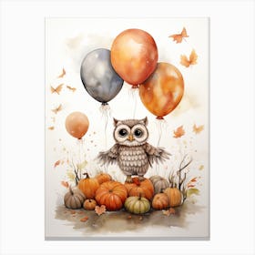 Owl Flying With Autumn Fall Pumpkins And Balloons Watercolour Nursery 1 Canvas Print