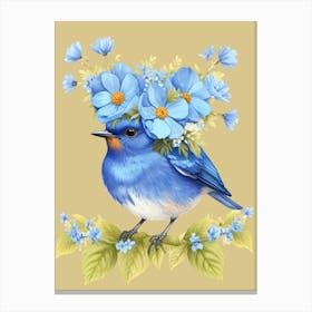 Blue Bird With Flowers Canvas Print