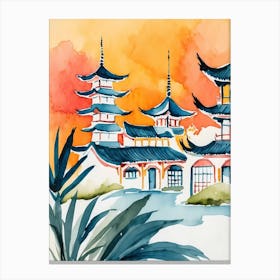 Watercolor Of Chinese Pagoda 1 Canvas Print