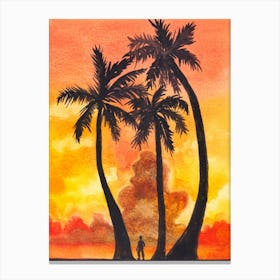 Alone in Sunset With Palm Trees Canvas Print