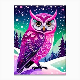 Pink Owl Snowy Landscape Painting (80) Canvas Print