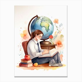 Watercolor Girl Reading A Book Canvas Print