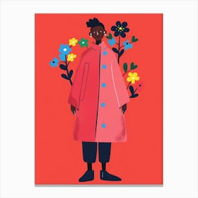 Girl In Pink Coat With Flowers Canvas Print