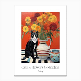 Cats & Flowers Collection Daisy Flower Vase And A Cat, A Painting In The Style Of Matisse 1 Canvas Print
