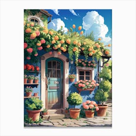 Anime Canvas Art: Rustic House with Lush Potted Flowers, Blue Facade, and Wooden Door, Perfect for Lofi Aesthetic and Botanical Art Lovers. Canvas Print