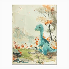 Dinosaur In The Woodland Meadow Storybook Style Painting 1 Canvas Print