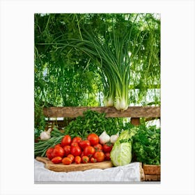 A Tranquil Domestic Garden Overflowing With Vibrant Vegetables Gleaming Tomatoes Peep From The Le (4) Canvas Print