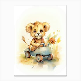 Playing With Toy Car Watercolour Lion Art Painting 3 Canvas Print